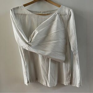 Wide Flowy Bell Sleeve Blouse Cotton Pinstripe Boat Neck Dramatic Cotton Top